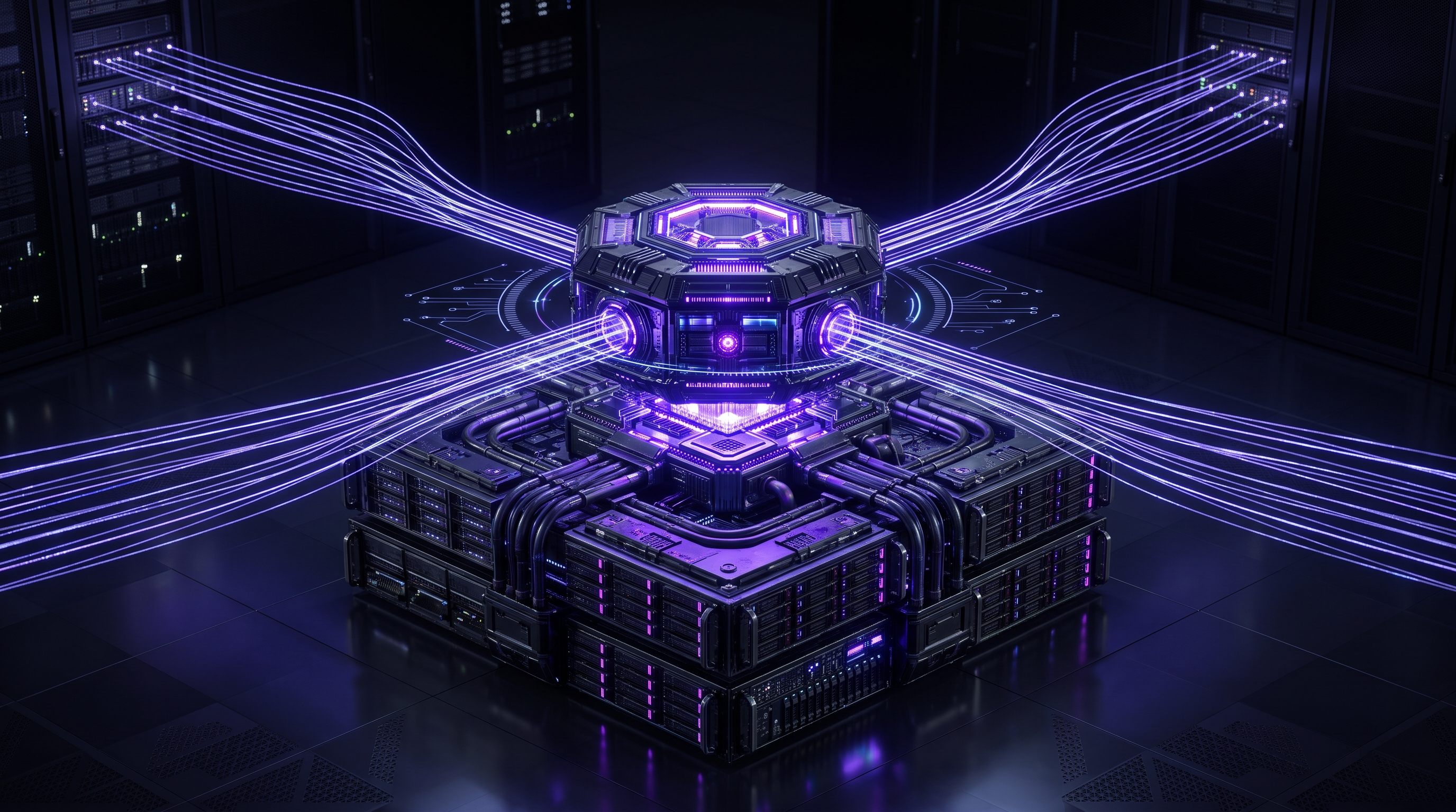 Abstract dark visualization of agentic AI infrastructure under load — a central agent core drawing on elastic compute, data, and network layers, with cost and power gauges, as many parallel actions fan out, in violet and blue