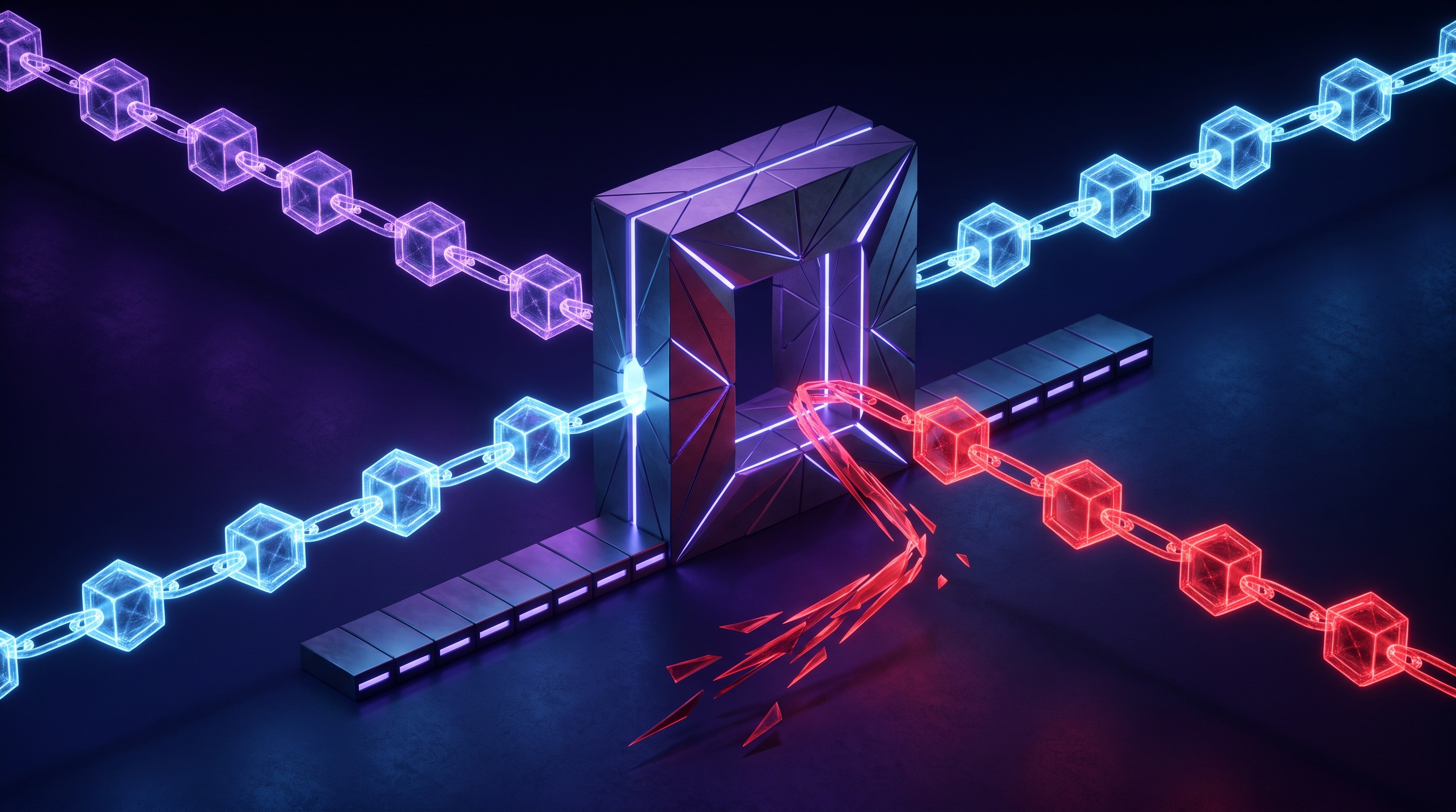 Abstract dark visualization of sequence-aware AI agent authorization — a chain of agent tool calls flowing through a gateway policy engine that checks each call against the session history, allowing the correct ordered sequence and denying an out-of-order or over-budget call, in violet and blue