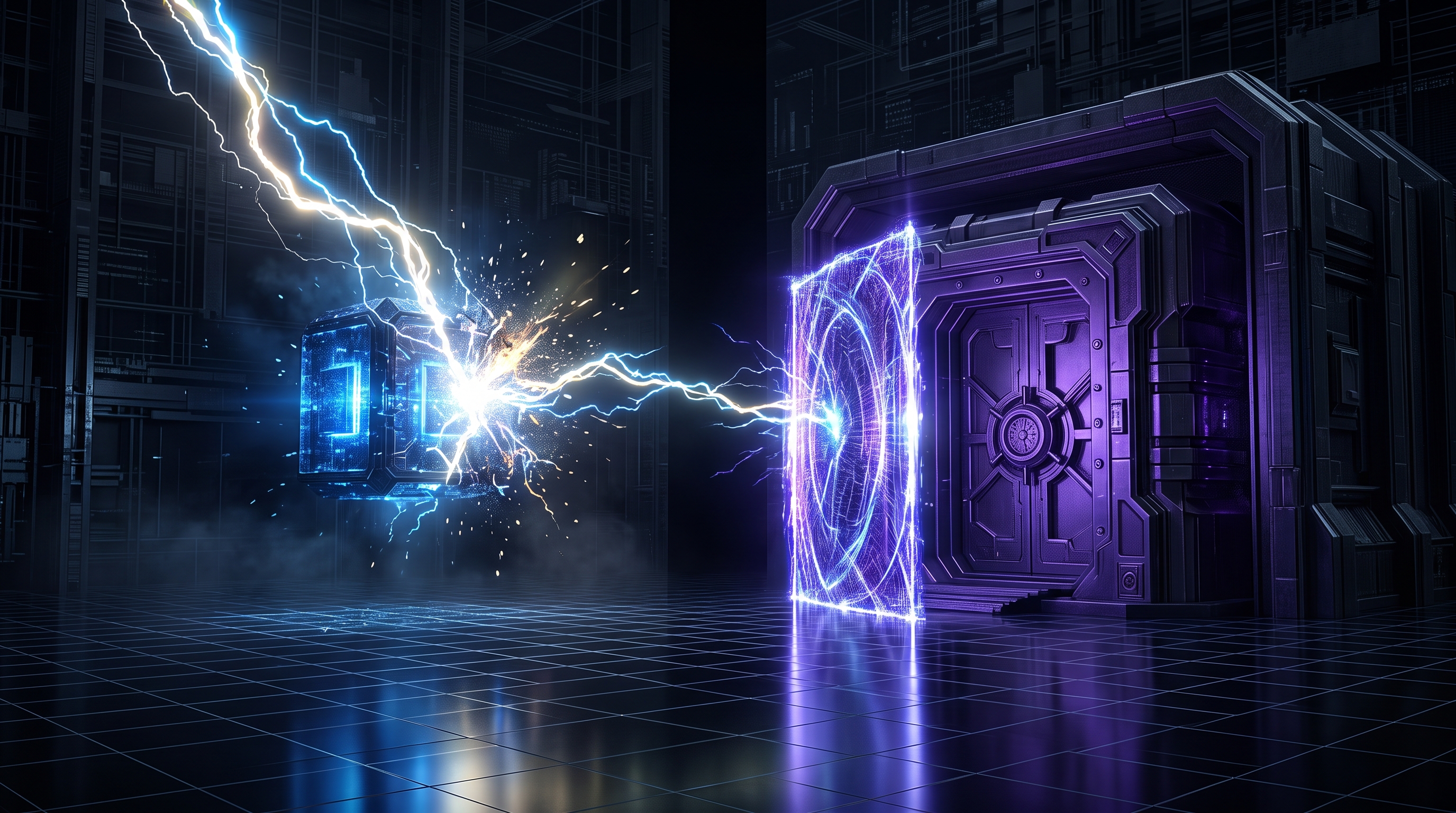 Abstract dark visualization of protecting backups from an AI agent — a production data core and a separate, shielded immutable backup vault, with a destructive agent action blocked at an approval gate before it can reach the backups, in violet and blue