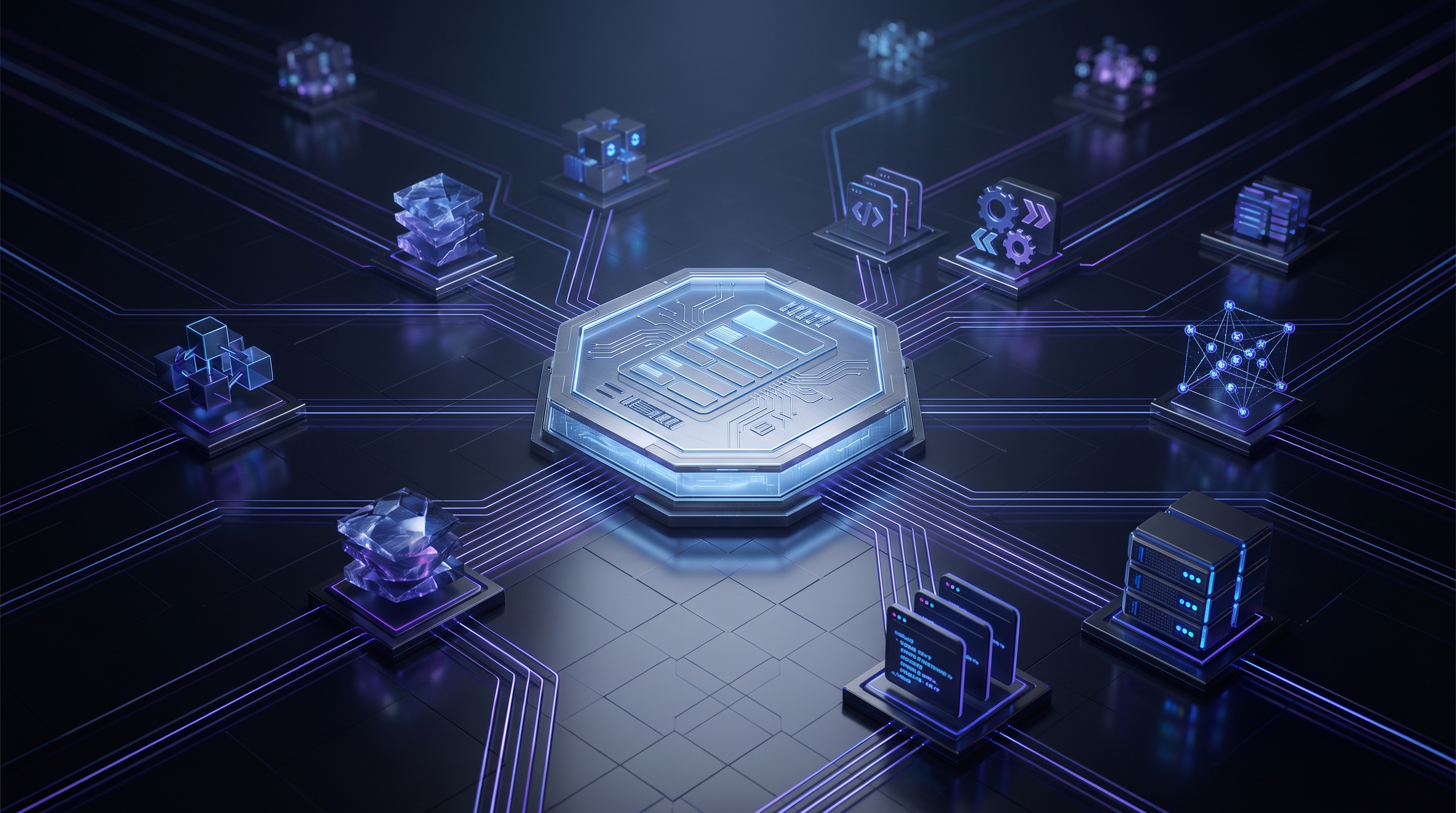 Abstract dark visualization of an AI Bill of Materials — a central inventory ledger connected to labeled component nodes for models, datasets, agent frameworks, vector databases, dependencies, and infrastructure, in violet and blue