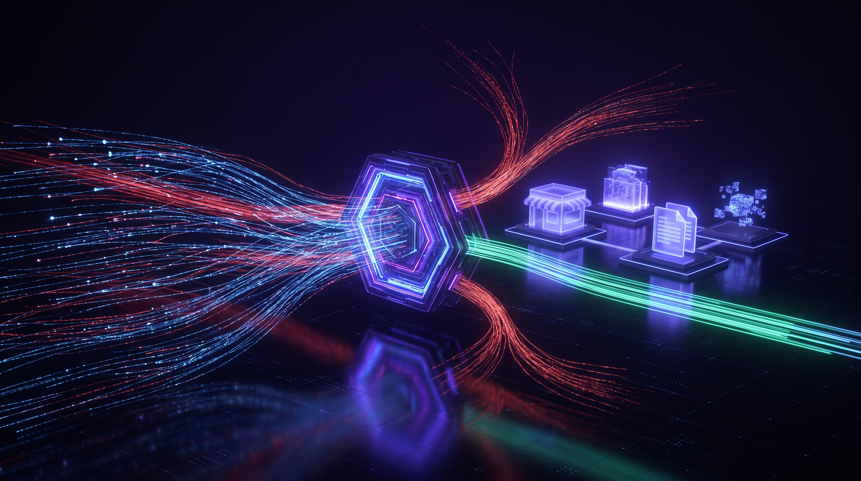 Abstract dark visualization of an AI bot traffic policy — a central verification gateway sorting incoming bot streams into allowed search traffic and blocked training, scraping, and fraudulent agent traffic, protecting checkout and ad pages, in violet and blue