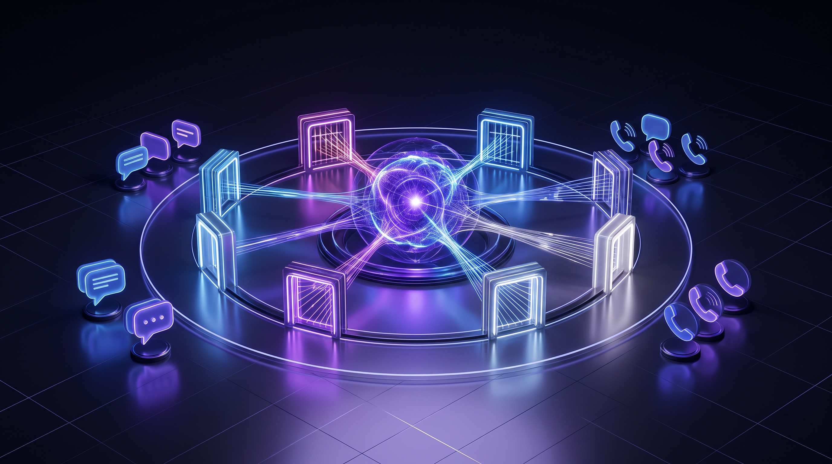 Abstract dark visualization of a customer-facing AI agent behind launch guardrails — a central conversational agent core ringed by policy, escalation, testing, and human-review checkpoints before it reaches customer channels, in violet and blue