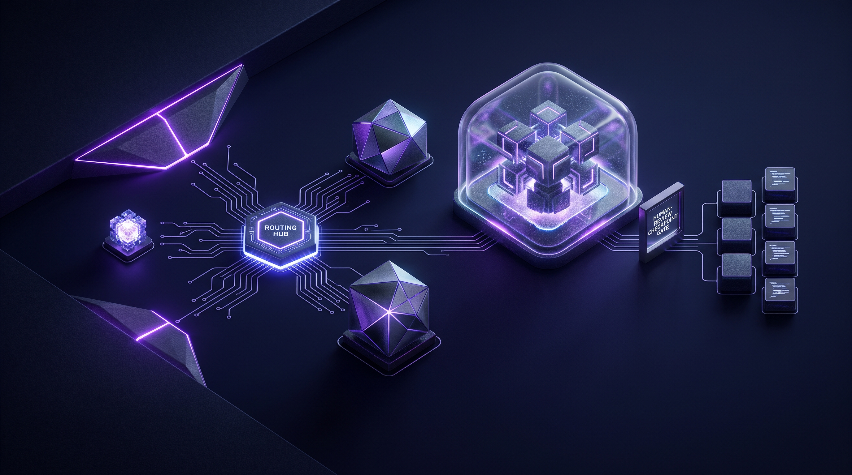 Abstract dark visualization of security AI model selection — a central routing hub directing code-scanning work to three model tiers, a small local model, a specialized frontier model, and a sandboxed agentic patching model, with a human-review checkpoint before any fix reaches production, in violet and blue