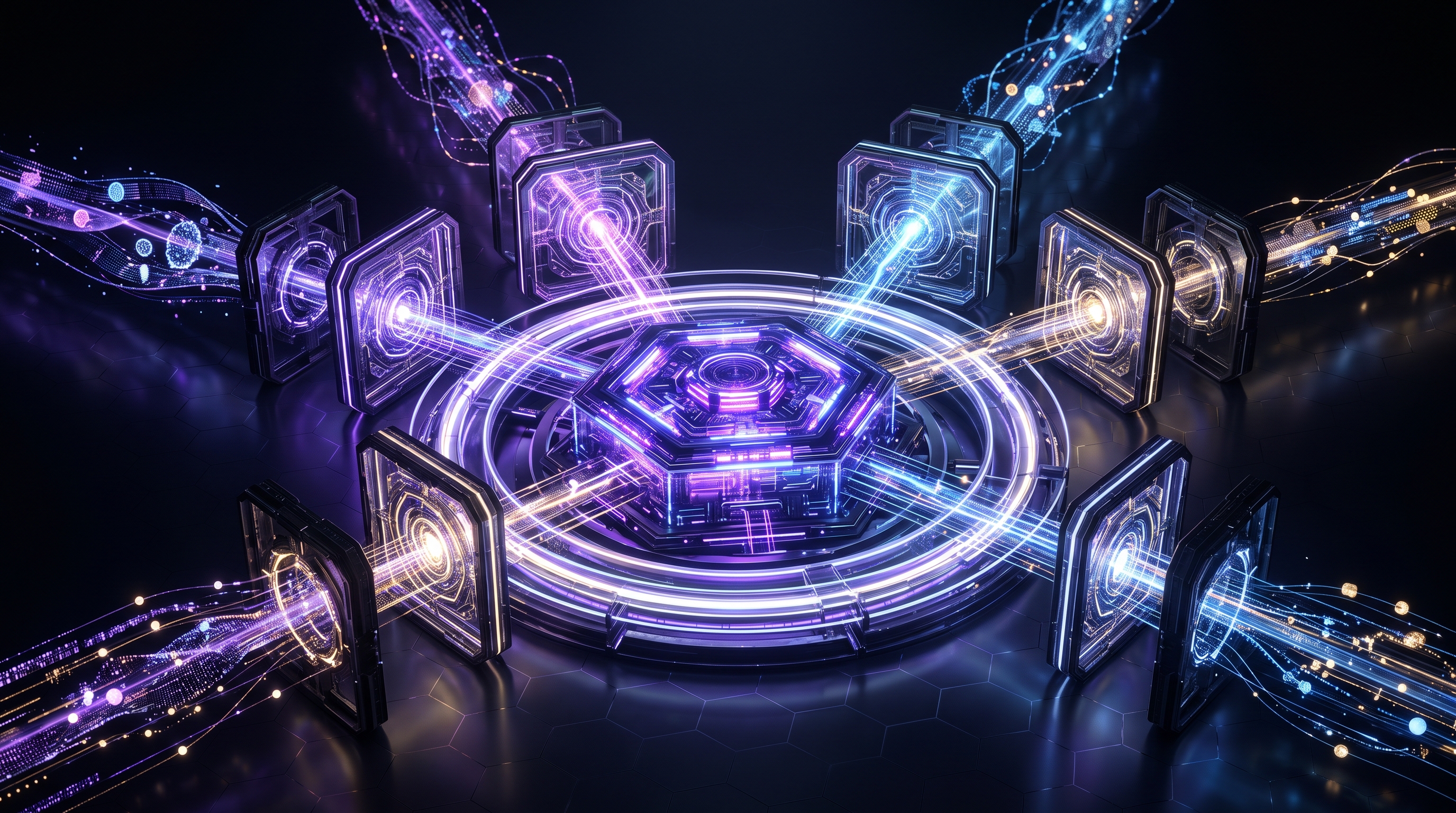 Abstract dark visualization of governed AI adoption — a central control hub with policy, security, and training safeguards routing multiple AI tools through approval gates in violet and blue