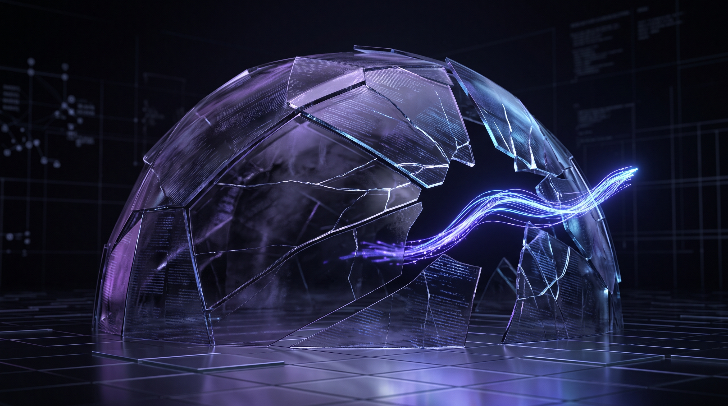 Abstract dark visualization of insurance coverage gaps around AI agents — a protective shield made of policy panels with visible fractures where an autonomous agent's activity slips through, in violet and blue