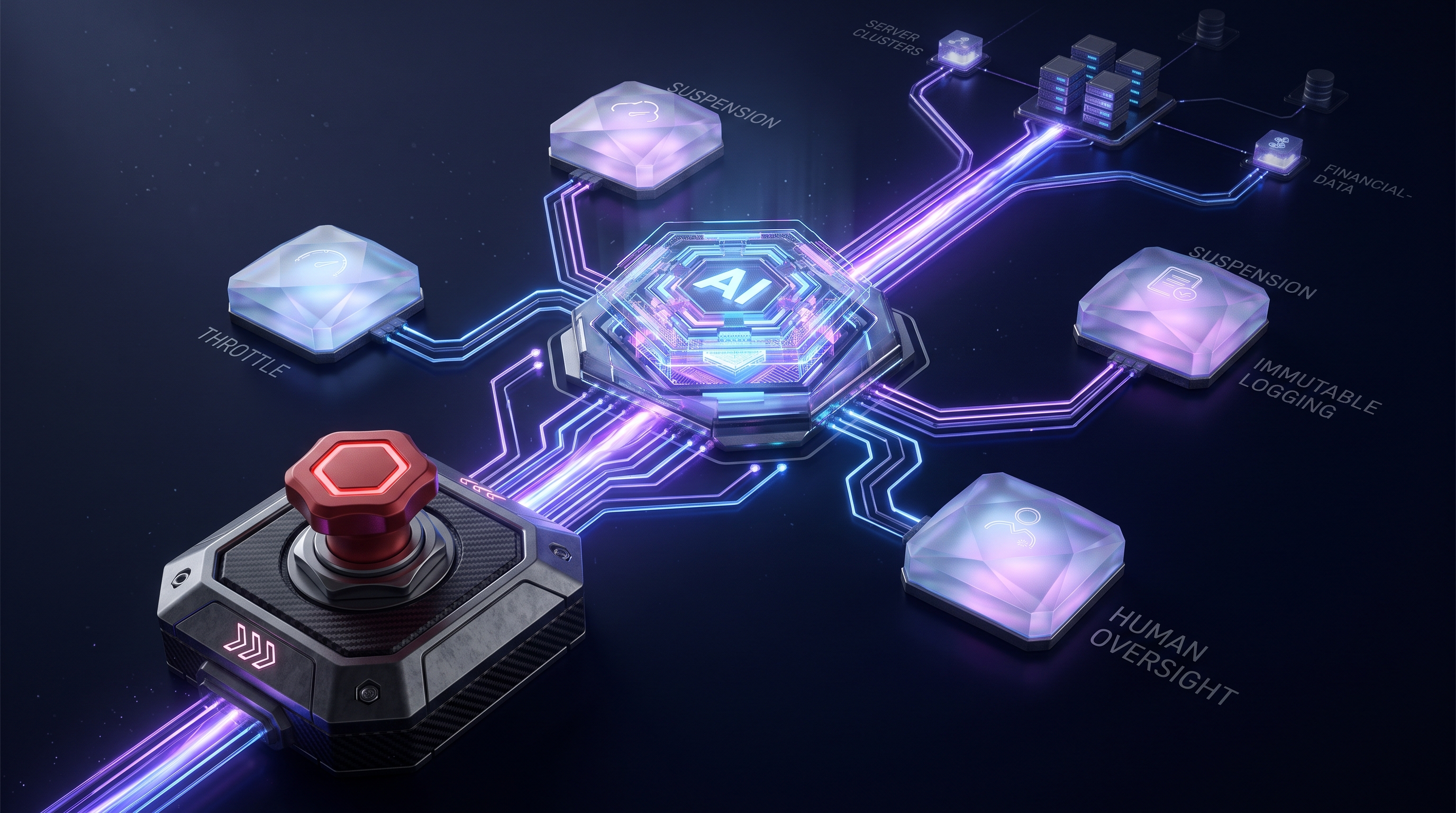 Abstract dark visualization of an AI agent emergency stop — a central autonomous agent core wired to a prominent kill switch, ringed by throttle, suspension, logging, and incident-owner controls that can halt it before it reaches money and data systems, in violet and blue