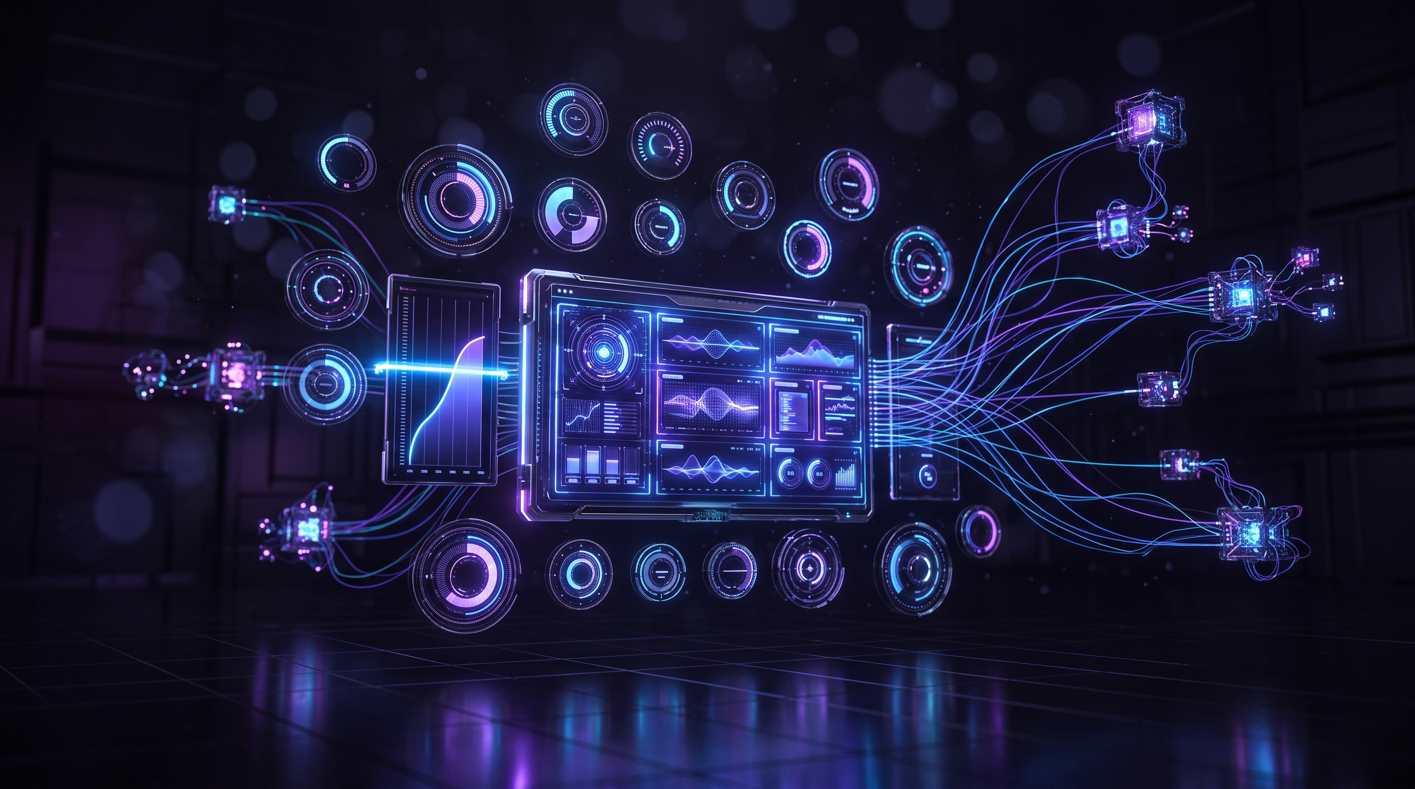 Abstract dark visualization of AI platform spend visibility — a central cost-governance dashboard with usage meters, spend-limit gauges, and model-routing lines, keeping a rising AI budget under control, in violet and blue