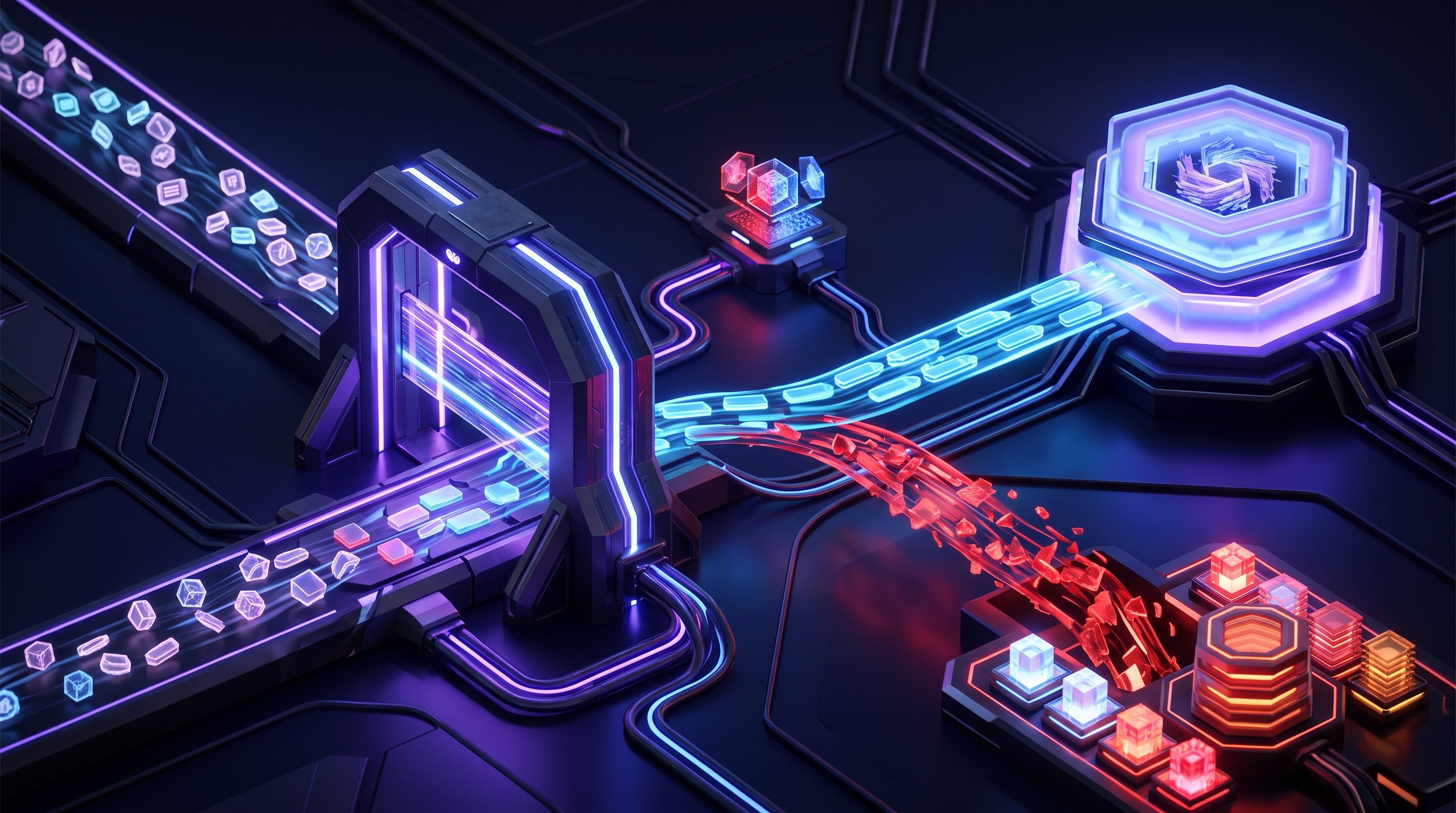 Abstract dark visualization of pre-inference AI prompt DLP — an employee prompt passing through a security-server inspection gate that returns an allow or deny verdict before it reaches a model core, with denied prompts deflected and logged, in violet and blue