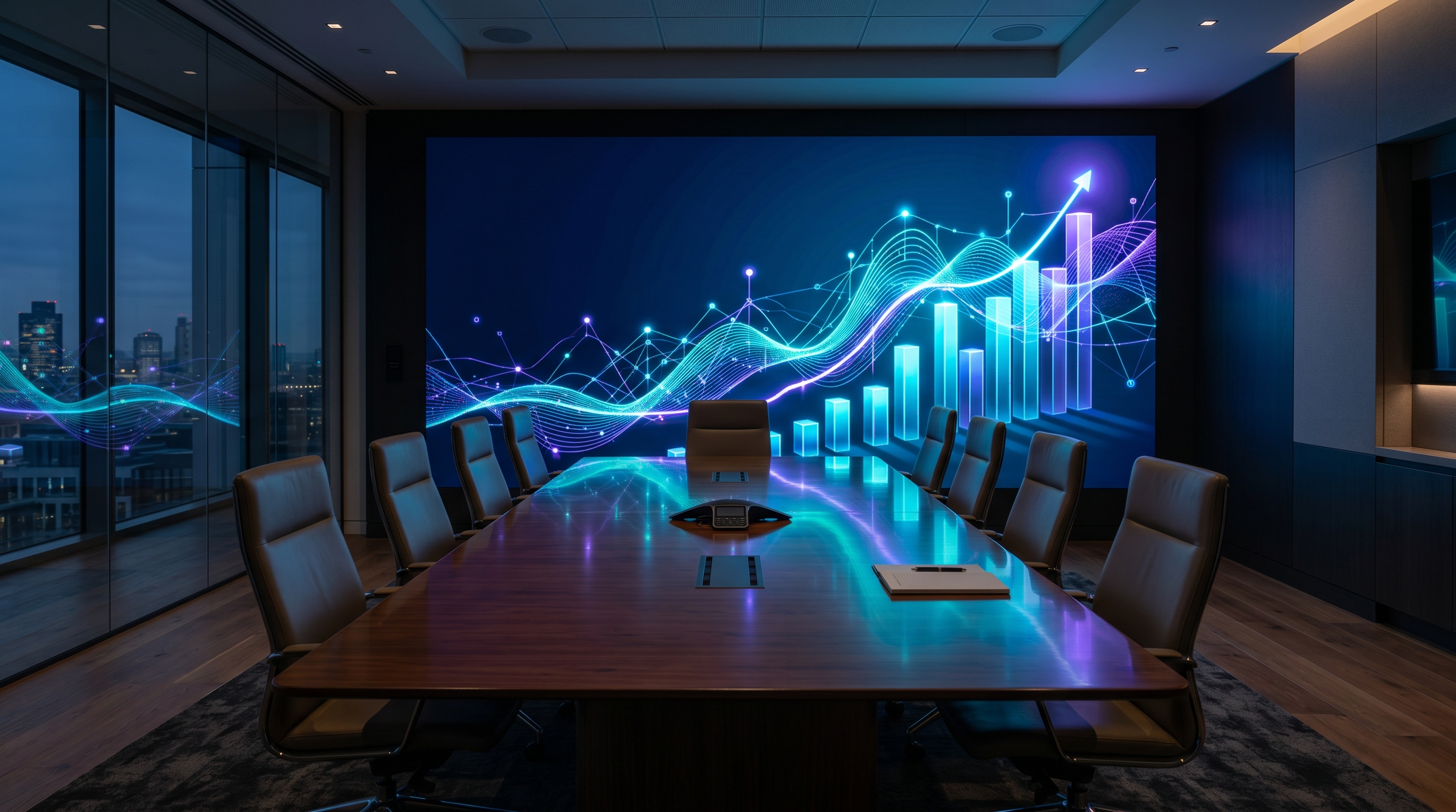 Empty executive boardroom at night with a glowing wall display showing an upward-climbing AI efficiency curve and dimensional financial growth bars, representing measurable AI ROI for a Dallas leadership team