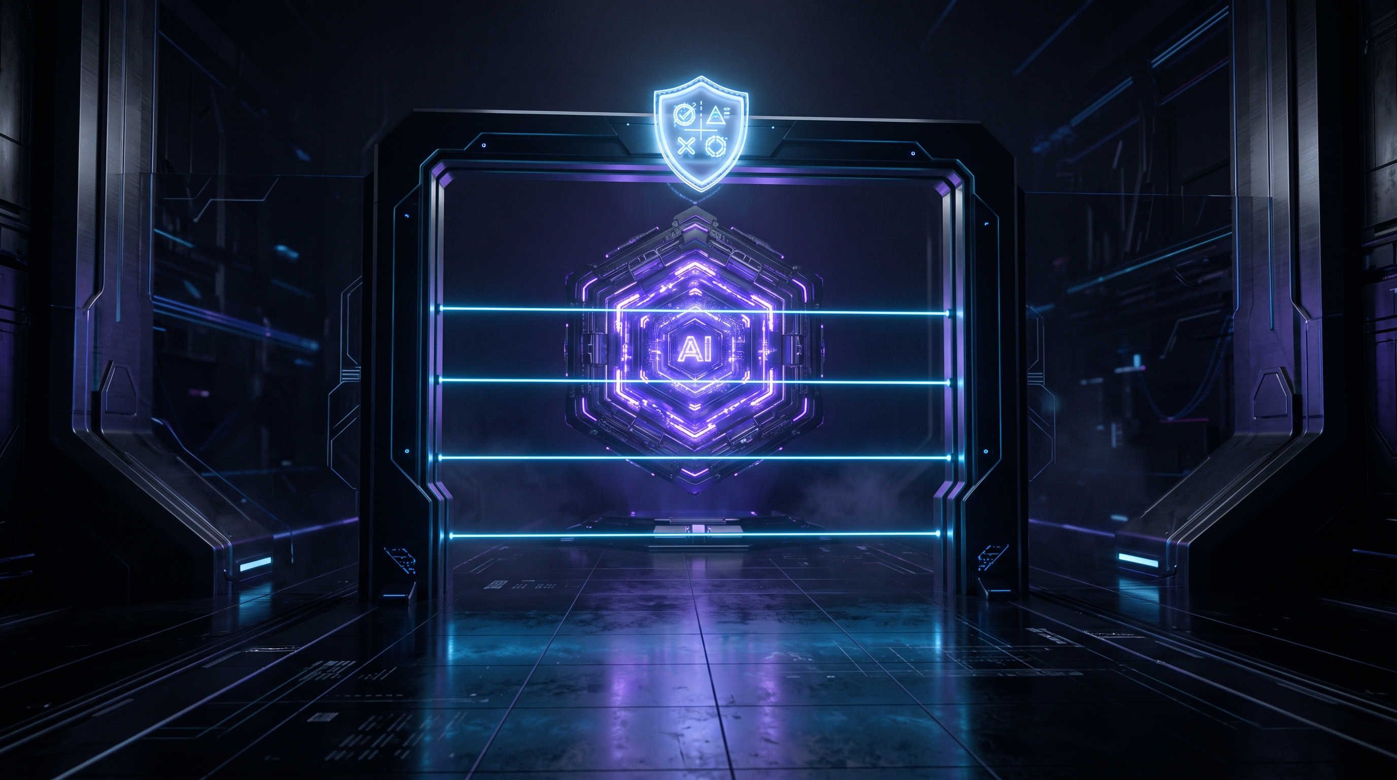 Abstract dark visualization of a powerful glowing AI core behind an identity verification checkpoint — a luminous gate with a verified-identity badge and scanning beams in violet and blue, representing controlled access to a frontier model