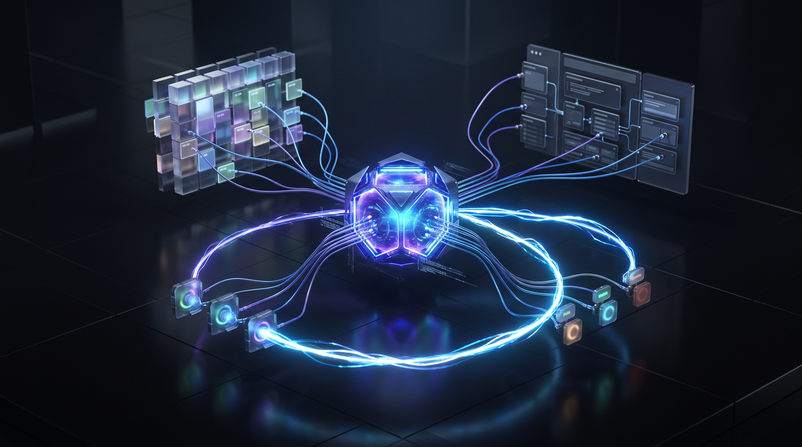 Abstract dark visualization of a Microsoft Copilot on-call scheduling agent inside Microsoft Teams — a central agent core connected to a rotation calendar, technician availability, and a PSA ticket system, routing a coverage-swap approval, in violet and blue