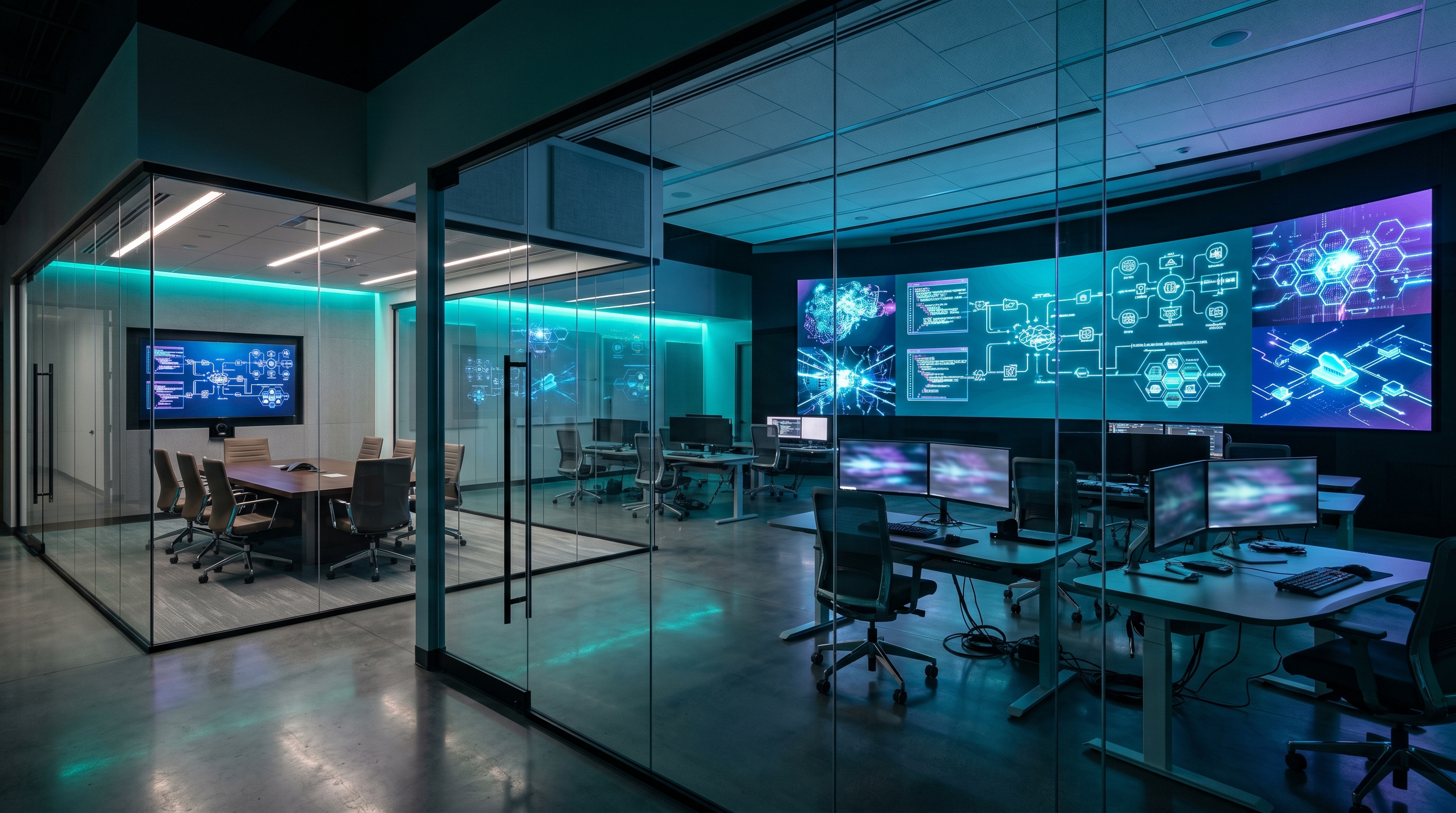Empty enterprise AI operations room with abstract secure workflow displays