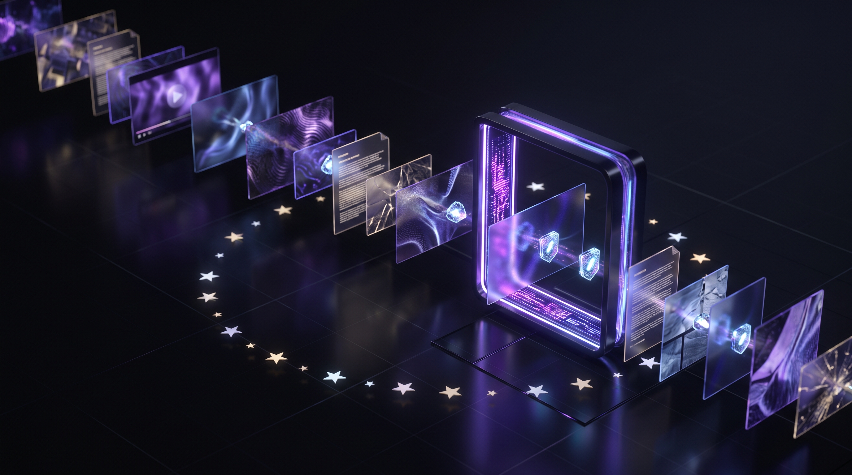 Abstract dark visualization of AI content transparency compliance — a stream of AI-generated media passing through a labeling and disclosure checkpoint marked with the EU circle of stars motif, in violet and blue