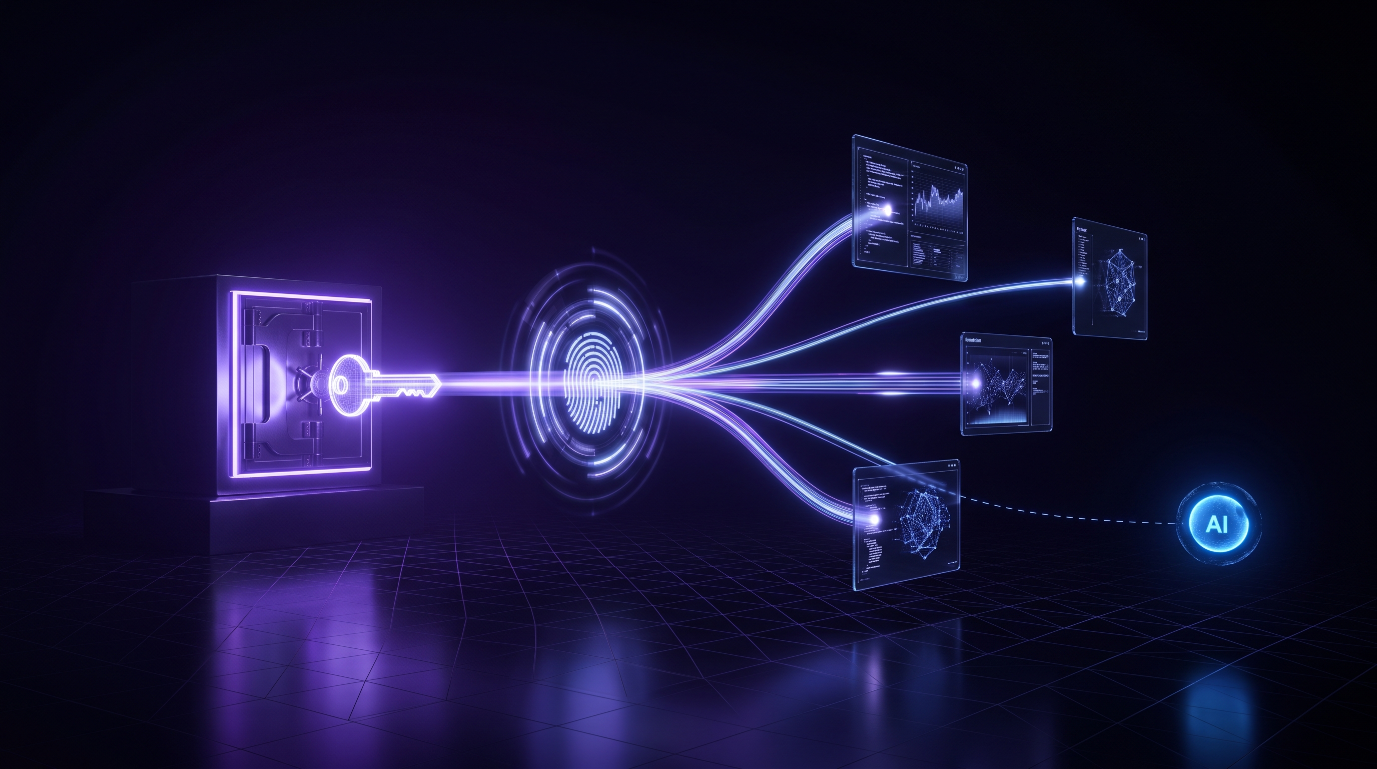 Abstract dark visualization of secure secret injection — a glowing vault and fingerprint approval gate feeding an encrypted credential into developer and AI agent tools, with the language model kept separate from the secret, in violet and blue