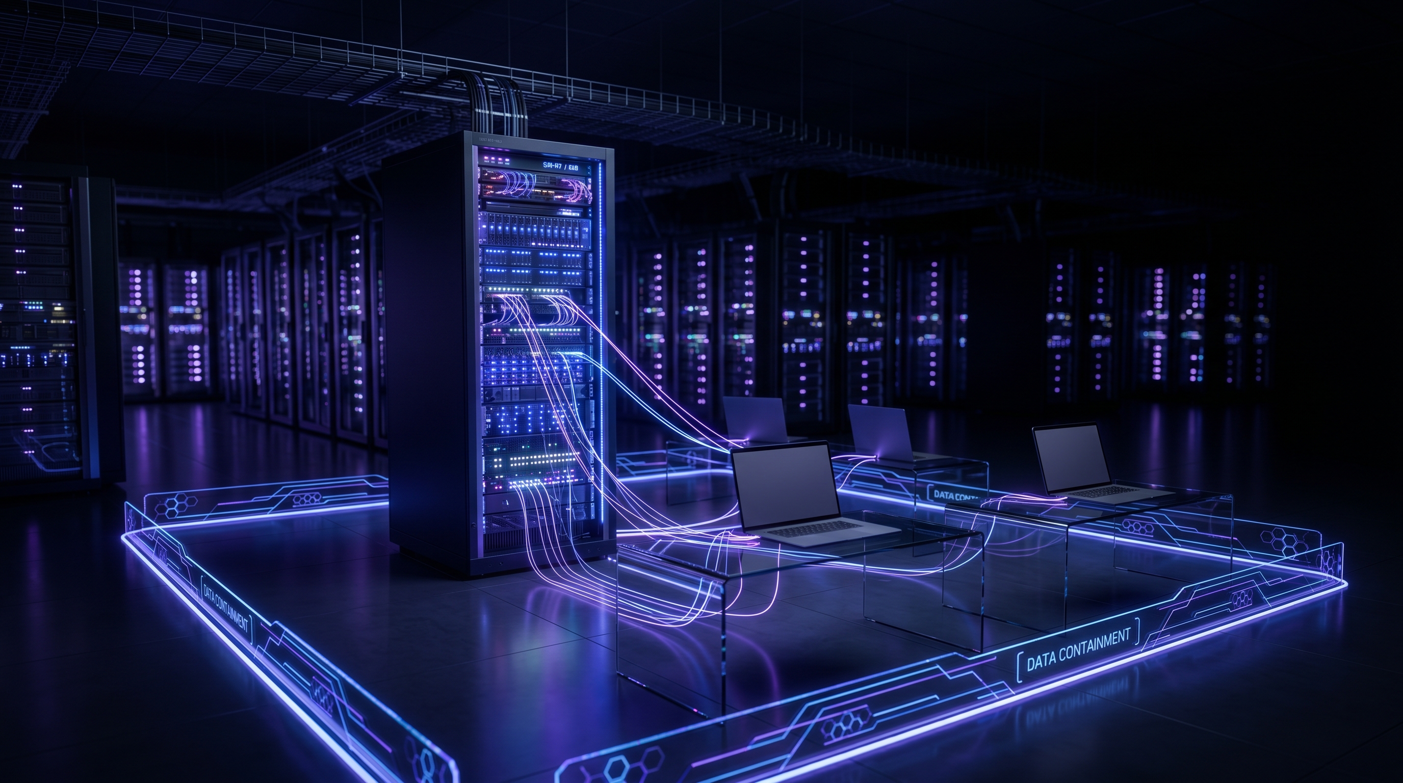 Diagram-style visualization of a self-hosted Seafile server in a Linux datacenter syncing AI agent project folders to Windows and macOS laptops, with client data contained inside a secure perimeter