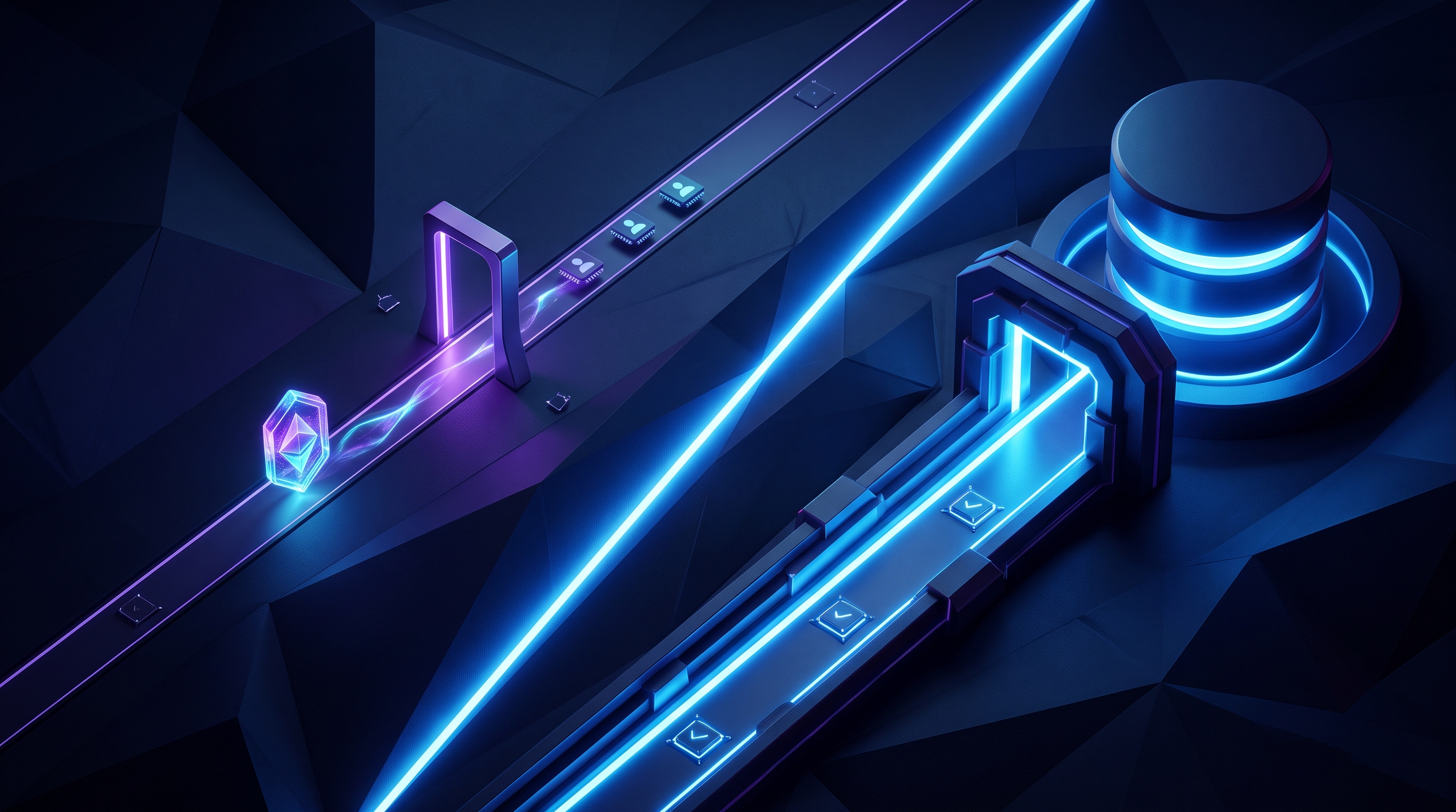 Abstract dark visualization of a Sign in with ChatGPT identity decision — a single sign-in credential passing through an identity gate that shares only basic profile fields, set apart from a separate, heavily gated data-connector path that can reach a database, with SSO, consent, and disconnect checkpoints, in violet and blue