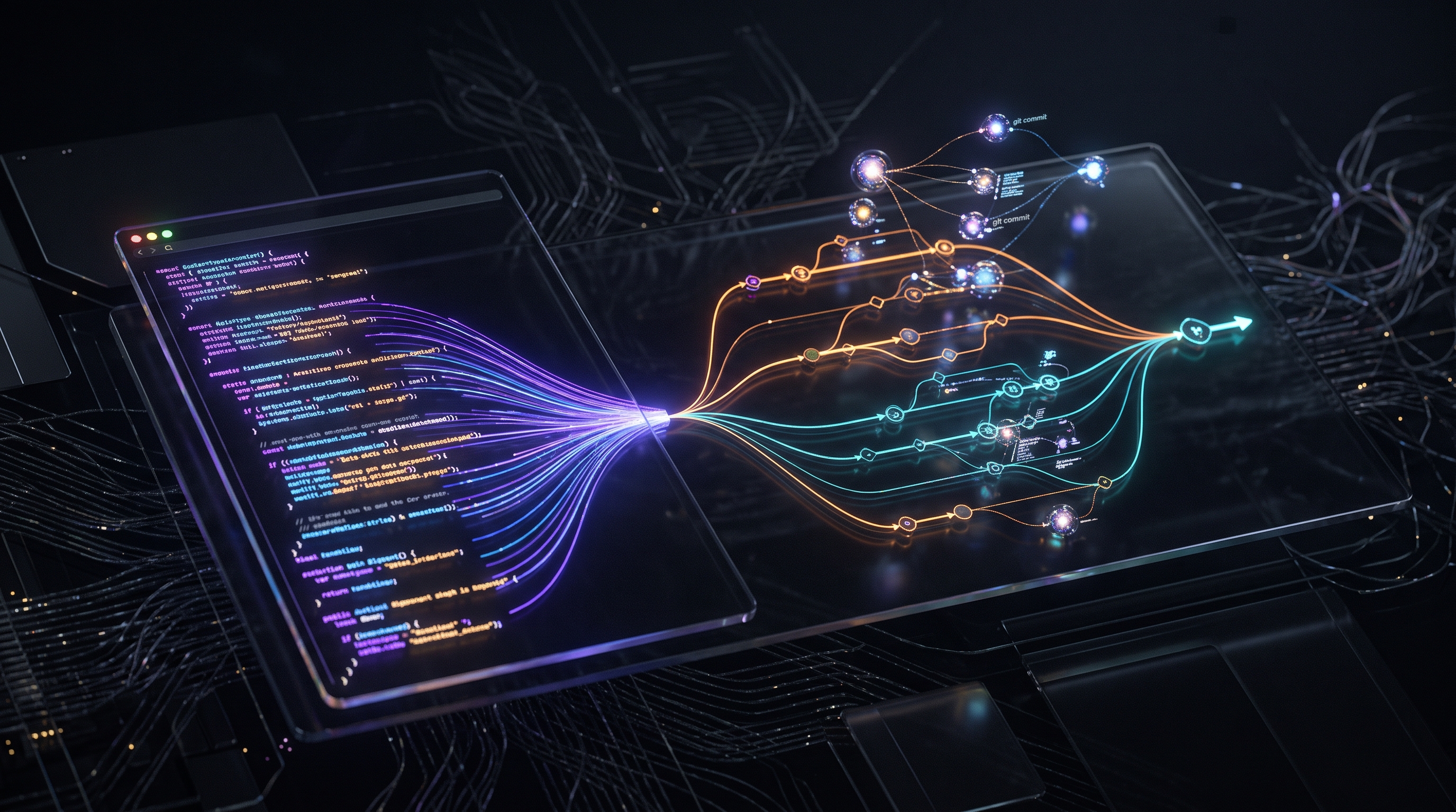 Abstract visualization of the ChatGPT Codex coding agent reading a repository and generating pull requests in a violet and blue terminal aesthetic