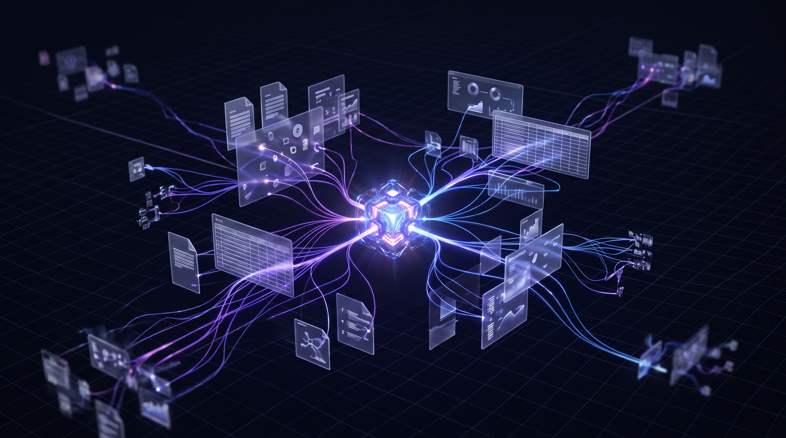 Abstract visualization of the Claude Cowork agentic AI workspace coordinating documents, research, and spreadsheets in violet and blue